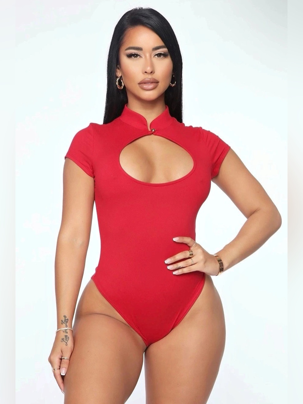 Red Keyhole Bodysuit Mock Neck Short Sleeve Cutout Stretch Going Out Top